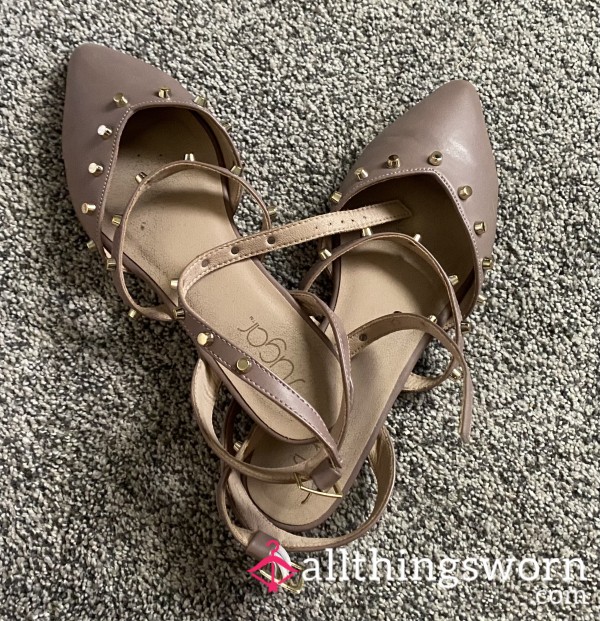 Worn Beige Strappy  Leather Flats