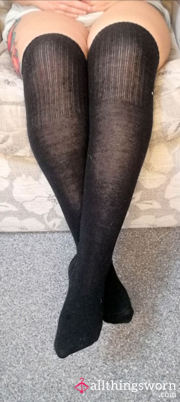 Worn Black Cotton Knee High Socks