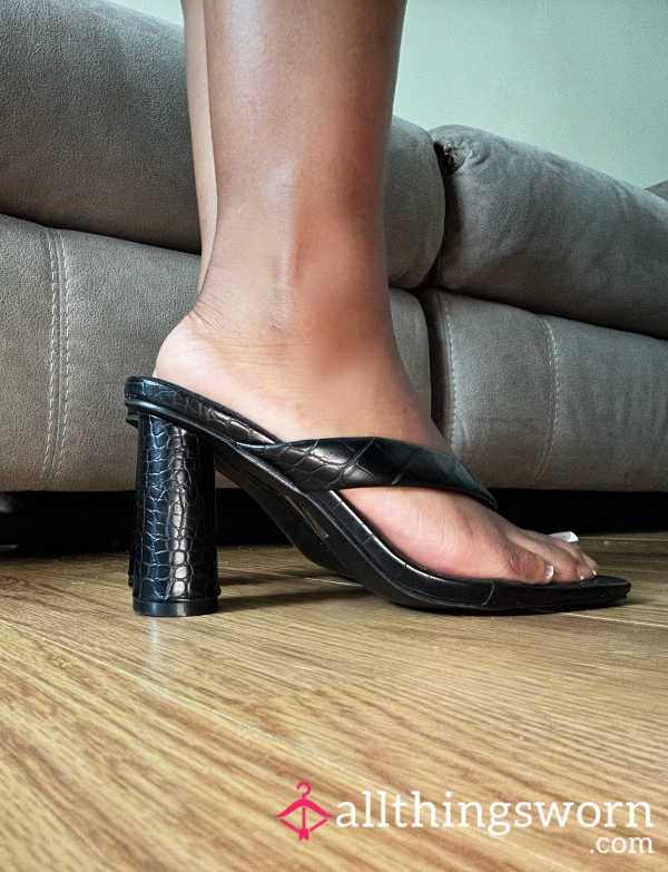 Worn Black Croc Print Mule Heels 🐊
