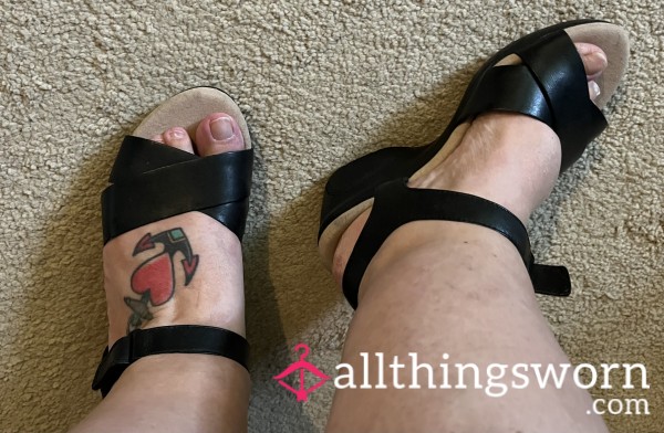 Worn Black High Heel Leather Sandals