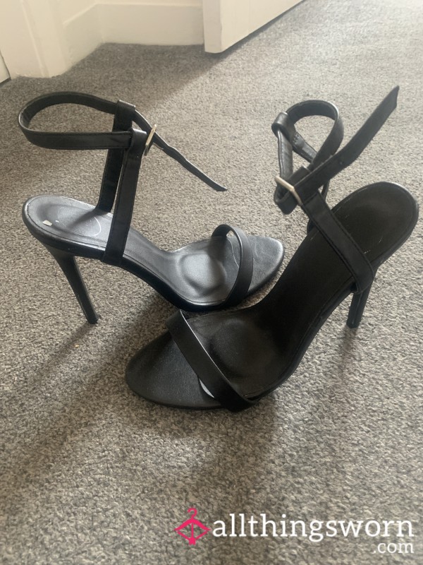 Worn Black High Heeled Open Toe Shoes. UK (4)