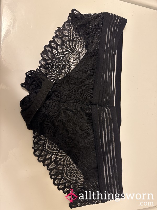 Worn Black Lace And Cotton Brief Panties Size Xl