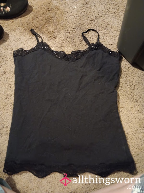 Worn Black Lace Cami – Soft, Sensual, And Full Of Body Heat