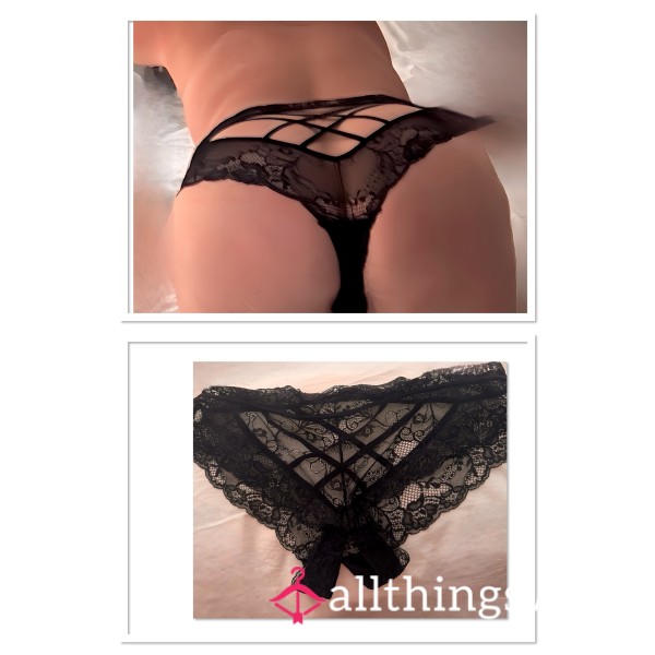Worn Black Lace Crotchless Knickers