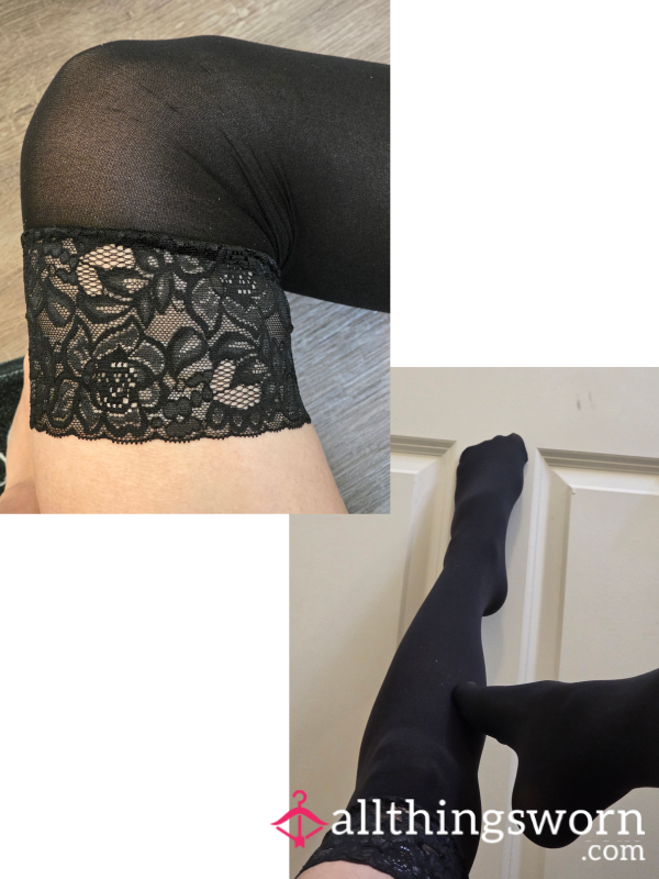 💋 Worn Black Lace Thigh High Stockings 💋