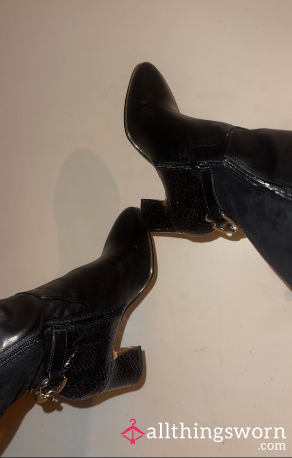 Worn Black Leather Boots W/ Gold Zip