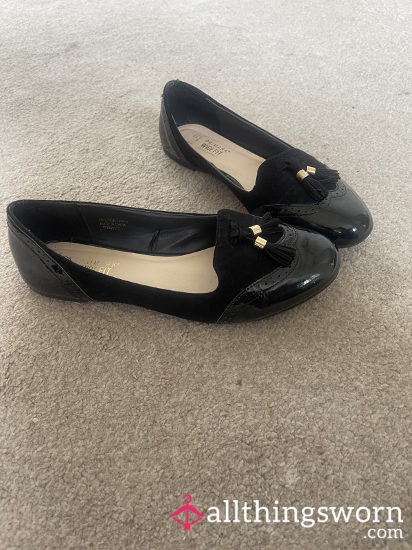 Worn Black Leather & Suede Dolly Flats – Soft, Shaped & Well Loved