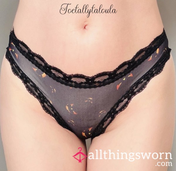Worn Black Pumpkin Halloween Lace Panties