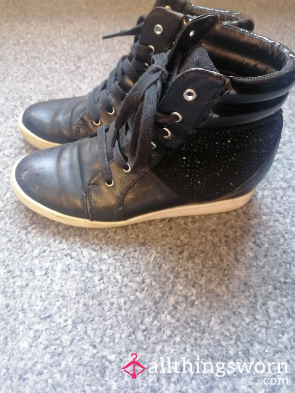 Worn Black Rhinestone Platform Sneaker