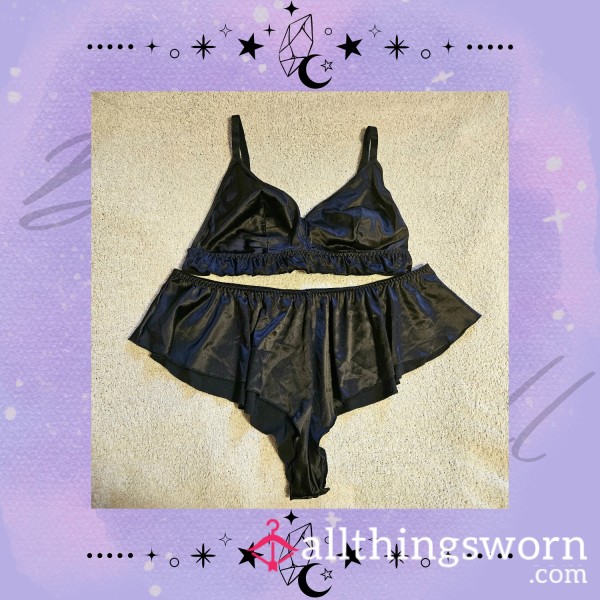 🖤 Worn Black Satin Bralette & Shorts Set – Dark & Seductive 🖤