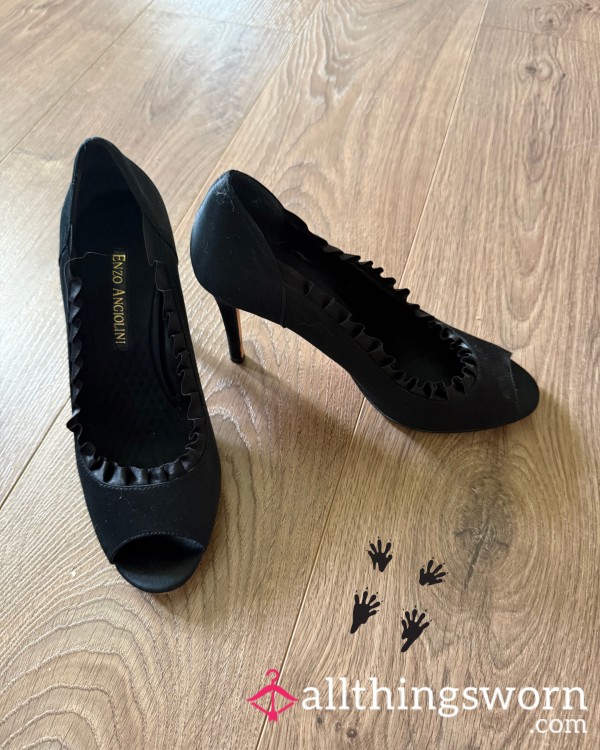 Worn Black Satin Enzo Angiolini Heels With Ruffle Detail And P**p Toes, US Size 7.5, From A Canadian BBW