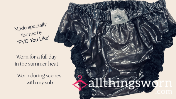 Worn Black Semi Transparent, Black PVC Pants With Frilly Lace Trim | Specially Made For Me By 'PVC You Like'| Soft, Crinkly, Snug Fit  |  All-Day Wear
