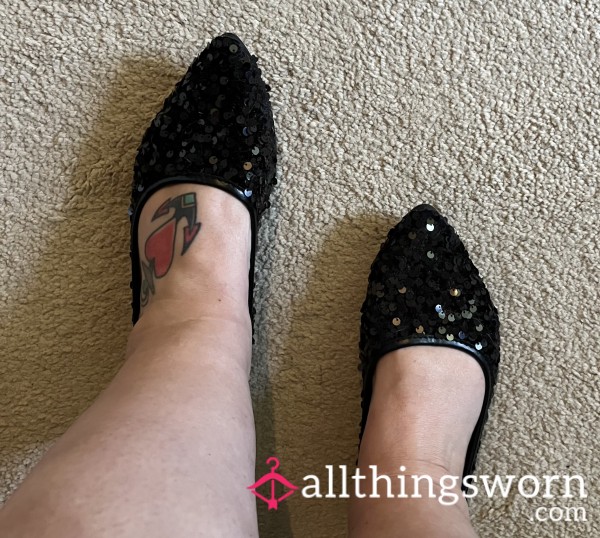 Worn Black Sequinned Flat Shoes
