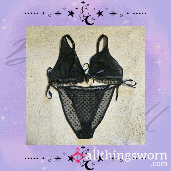 🖤 Worn Black Sheer Lingerie Set With Polka Heart Details With Ribbon Ties – Flirty & Seductive 🖤
