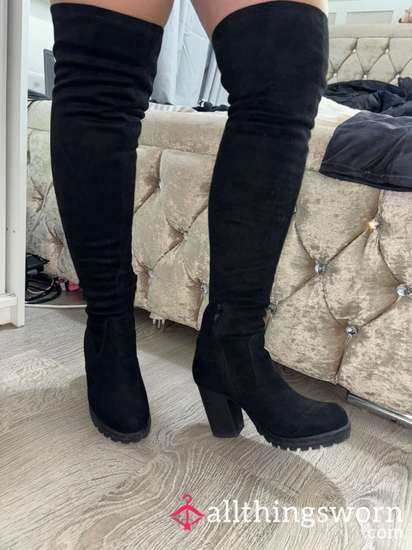Worn Black Suade Knee High Boots