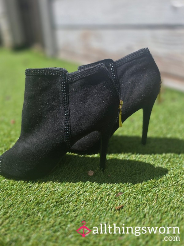 Worn Black Suede Crystal-Trim P**p-Toe Ankle Boots