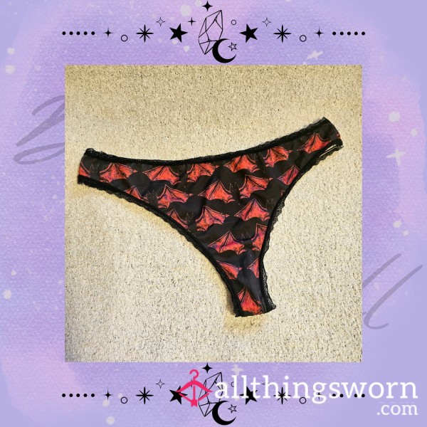 🦇 Worn Black Thong With Bat Print – Dark & Seductive 🦇