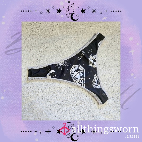 🔮 Worn Black Thong With Mystical Print – Enchanting & Sensual 🔮