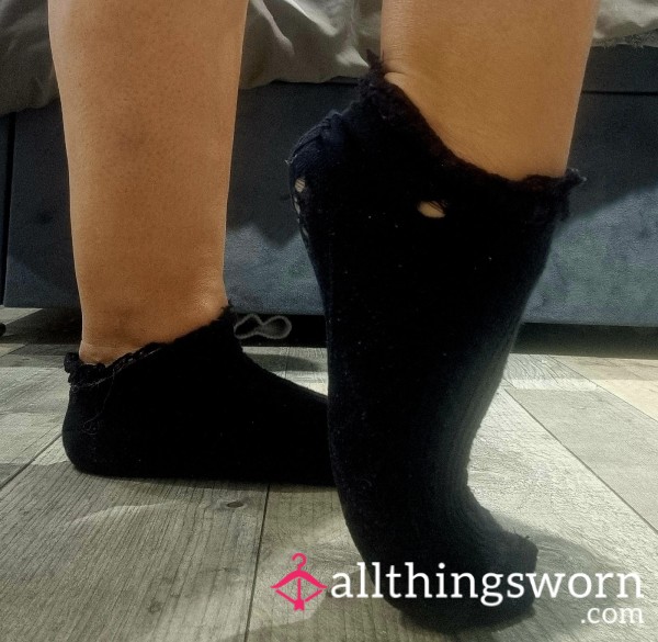 Worn Black Trainer Socks With Frilly Trim