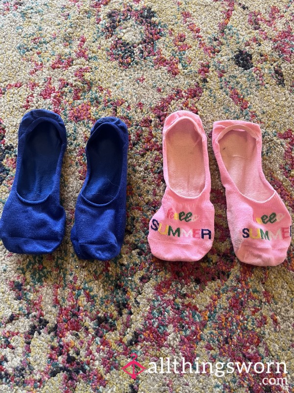 Worn Blue And Pink No Show Socks