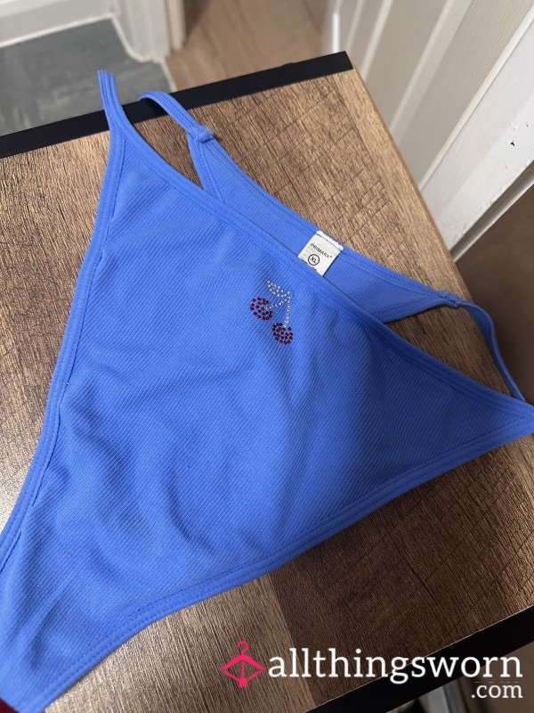 Worn Blue Gemmed Cherry Thong. XL