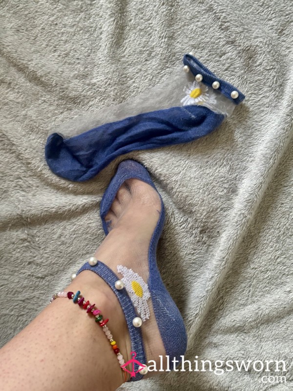 💙 WORN BLUE NYLON SOCKS WITH PEARL DETAIL — Sweet, Soft, And Ready For Worship 💙