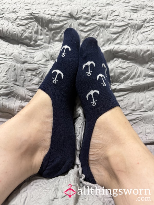 Worn Blue Pop Socks With Cute White Anchor Design ⚓💙