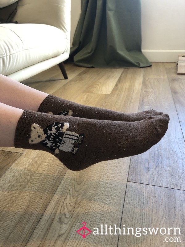 Worn Brown Dotted Socks With Teddy Bear Motif (Size 5 UK Feet) - Wear For 24 Hours Up To 168 Hours