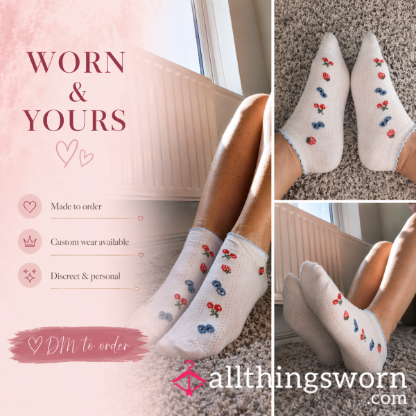 Worn Cherry & Berry Trainer Socks 🍓💙 | Soft, Cosy & Made Just For You