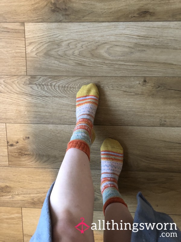 SOLD - Worn Colourful Knitted Patterned Socks (size 5 Feet) - Wear For 24 Hours Up To 168 Hours