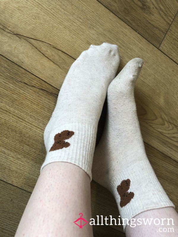 Worn Cute White Ankle Socks With Dog Motif And Dirt Stained Soles (Size 5 UK Feet) - Wear For 24 Hours Up To 168 Hours