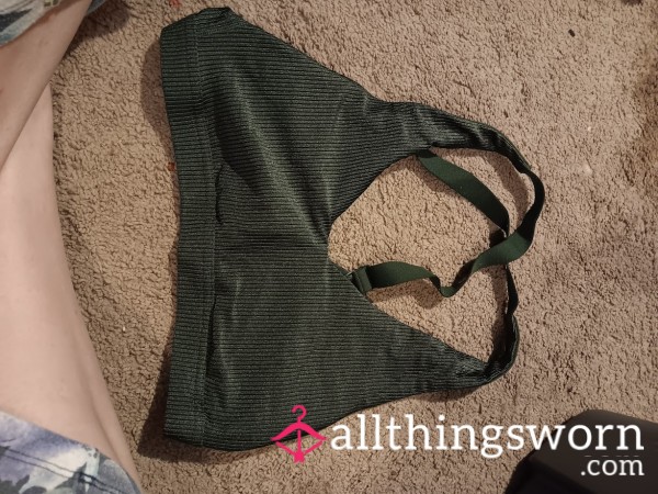 Worn Dark Green Ribbed Bralette – Earthy, Cozy, And Body-Hugging