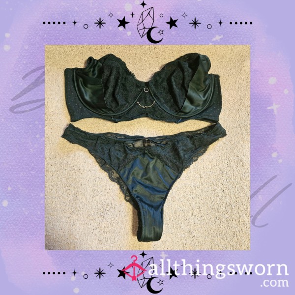 💖 Worn Dark Green Satin & Lace Lingerie Set – Sensual Elegance 💖