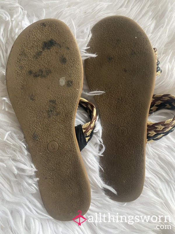 Worn Dirty Flat Sandals Size 6
