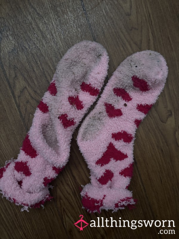 Worn Dirty Pink Heart Fluffy Socks