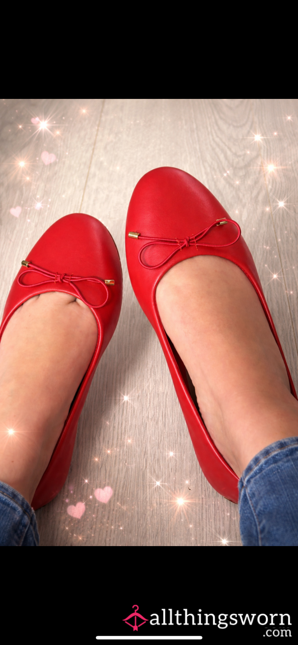Worn Dressy Red Flats With Bow Detail