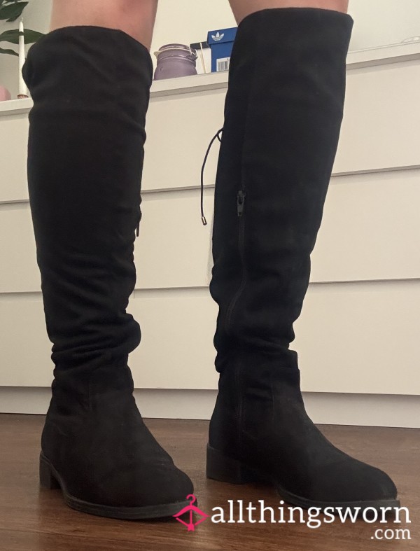 Worn Faux Suede Knee High Boots