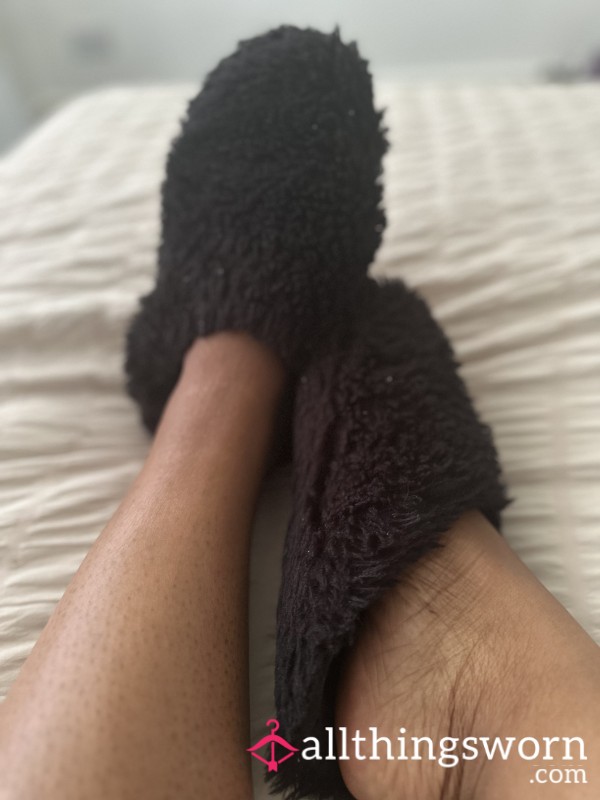 Worn Fluffy Black Slippers – Soft, Cozy & Well-Loved Just For You