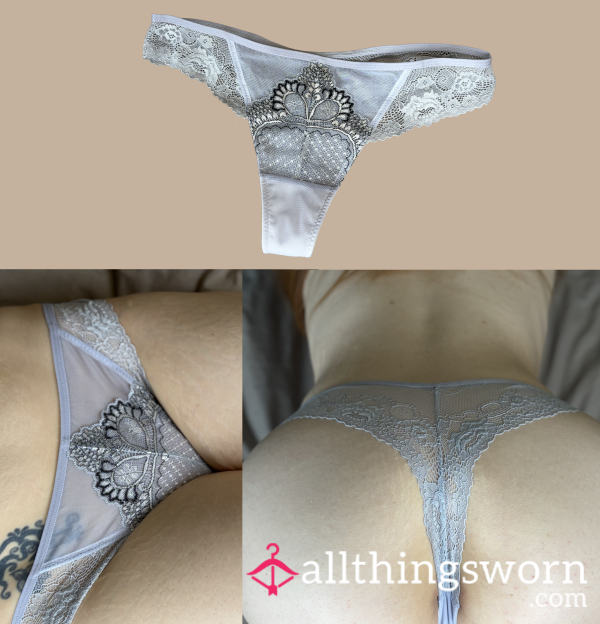 Worn Grey Mesh Thong With Lace