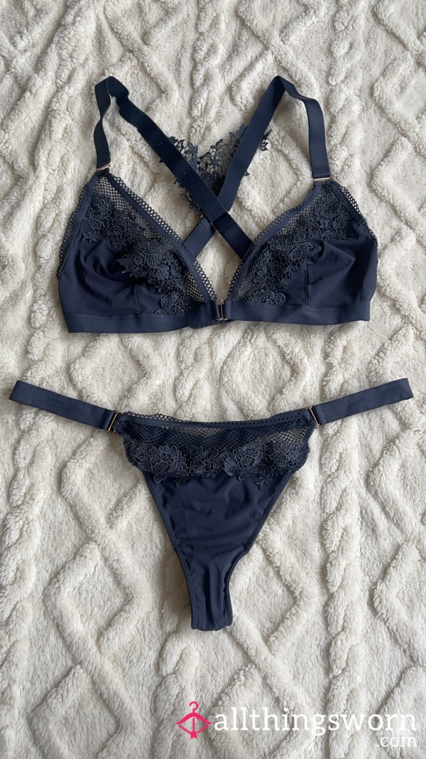 Worn Grey Nylon And Lace Lingerie Set – Strappy Elegance