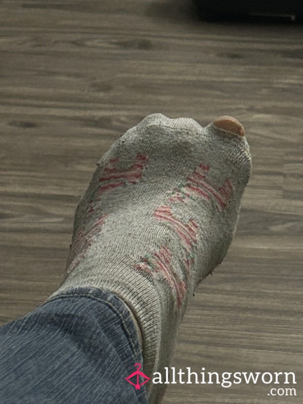🧦 Worn Grey Socks With White & Pink Horses – Left Sock Has A Big Toe Hole