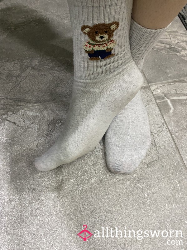 Worn Grey Teddy Bear Socks