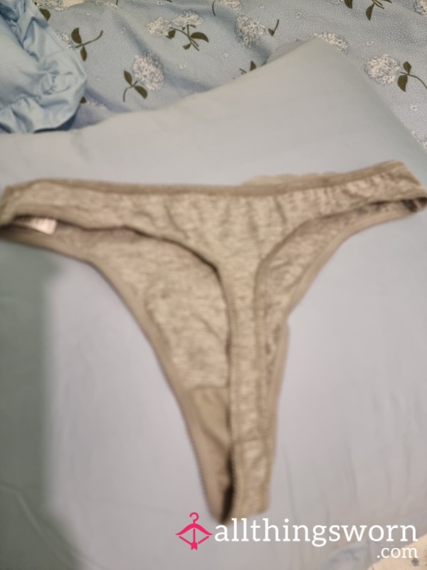 Worn Grey Thong With Lace Trim 💋