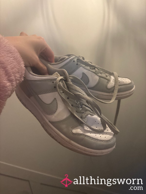 Worn Grey & White Low Nike Dunks - Sweaty Gym Sessions, Musky Foot Odor, Ready To Worship 😈👟