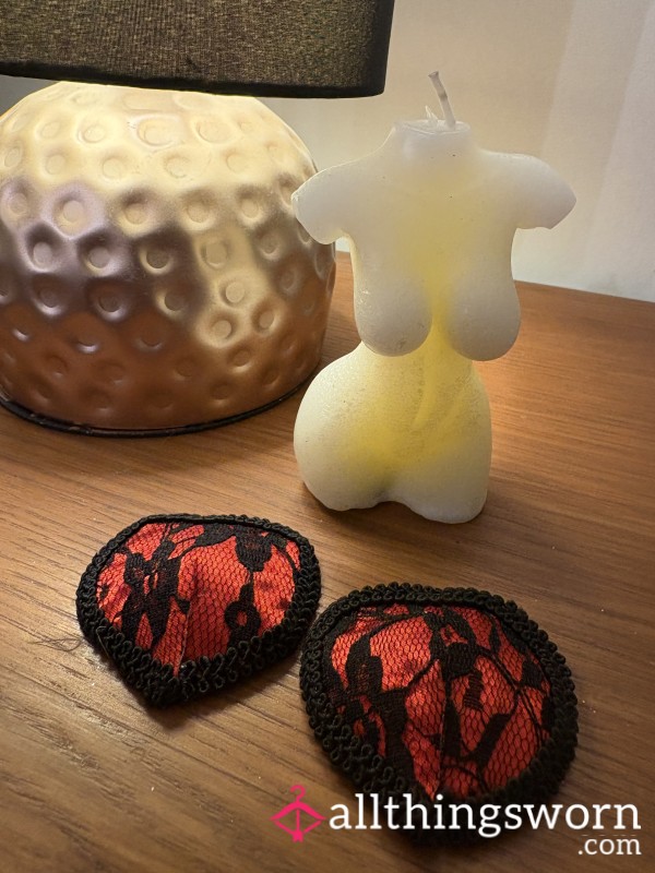 Worn, Heart Shaped Nipple Covers. Black And Red. Lace Detail.