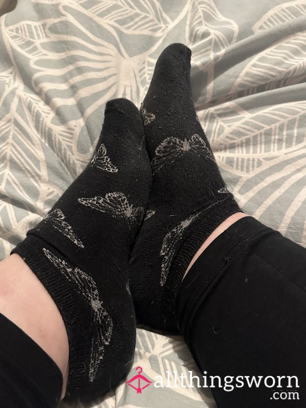 Worn Heavily Scented Sweaty Ankle Socks, Black With Bu*terfly Design