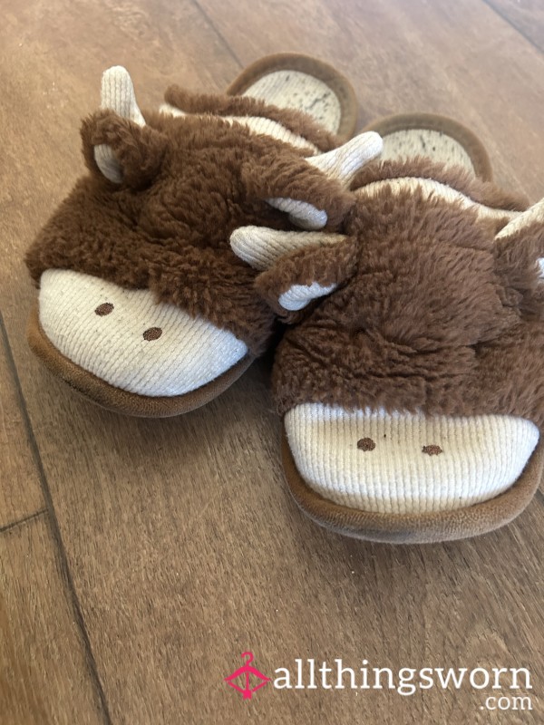 Worn Highland Cow Slippers