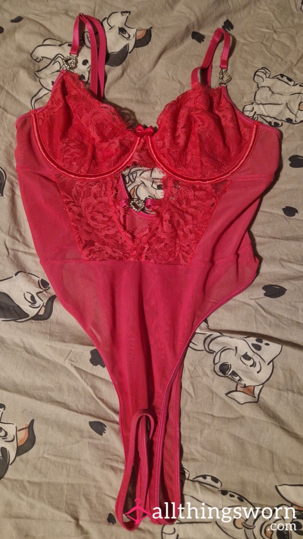 Worn Hot Pink Crotchless Bodysuit
