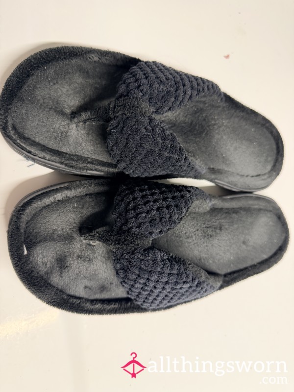 Worn House Slippers - Black, Cloth, Flip Flop Style 👣🖤(Polaroid Included)