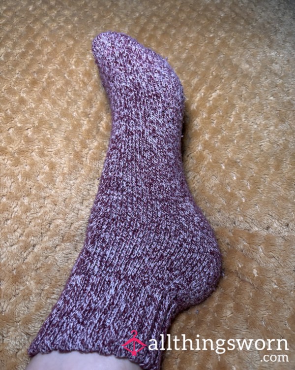 Worn-In Burgundy Crew Socks – Soft, Cozy & Fresh Off My Feet ❤️